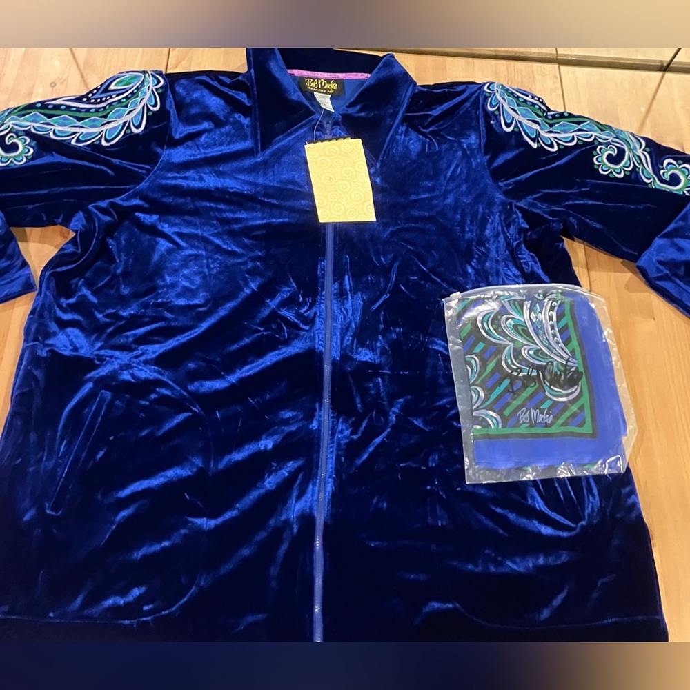 NWT Vintage Bob Mackie Blue Velvet Jacket with Paisley Design w/scarf 2X